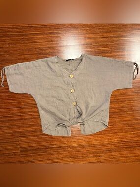 Dis Moi Italian Linen Relaxed Fit Tie Front Shirt Buttons tan gray One Size